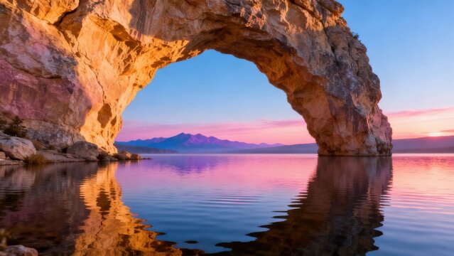 Natural rock arch over calm water at sunset