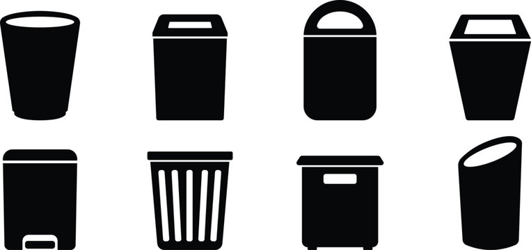 Trash bin silhouette icon set with waste container styles, Garbage and recycling bin symbols, Waste management collection