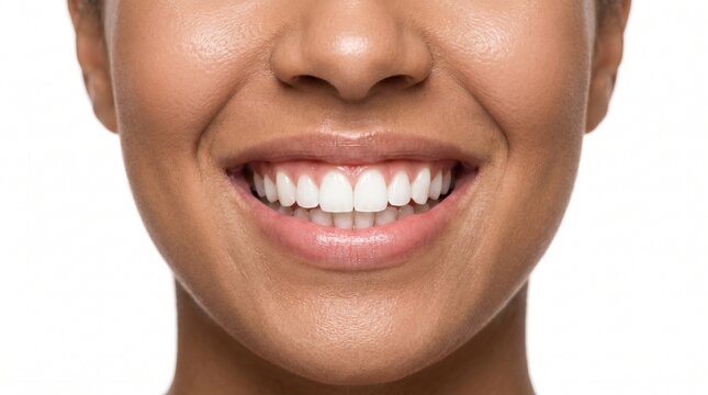 Close-up de sorriso feminino com dentes brancos e gengiva saud&aacute;vel isolado no fundo branco