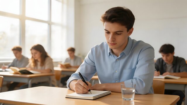 Student writing in classroom with peers