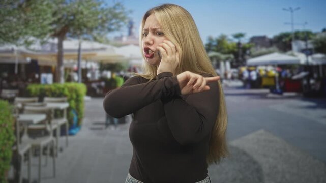 Woman blonde russian caucasian talking on phone, pointing finger and clenching fist with scowl in a busy street cafe by outdoor tables and umbrellas; anger conflict.