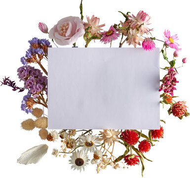 Blank white card with dried flower wreath top view isolated on transparent background