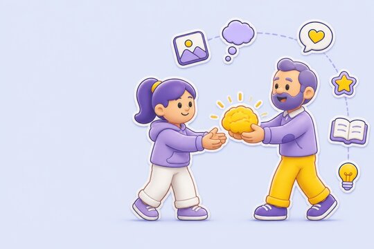 Creative collaboration and knowledge sharing between two cartoon people with idea exchange for teamwork coaching and learning support