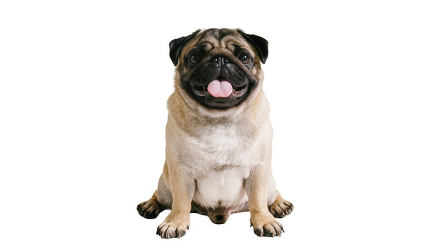 Isolated adorable smiling fawn pug dog sitting calmly with tongue out, full length portrait.