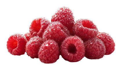 Isolated fresh ripe red raspberries with refreshing water droplets, delicious and healthy fruit pile © Vincent