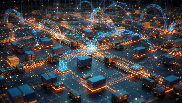 Abstract digital network background with futuristic data stream fiber optics, geometric block pattern layout, and orange cyber lights for modern tech concepts