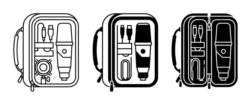 Microphone Kit Icons, Audio Recording Gear Set, Podcast Equipment Vector Graphics