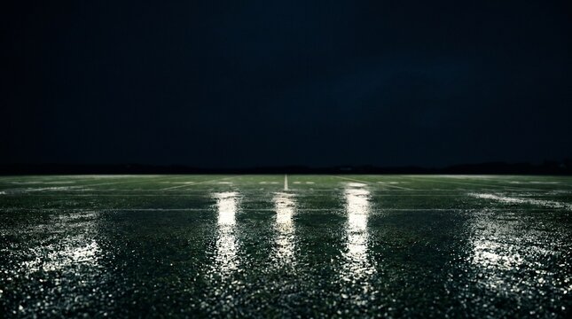 Empty football field at night with rain reflecting stadium lights