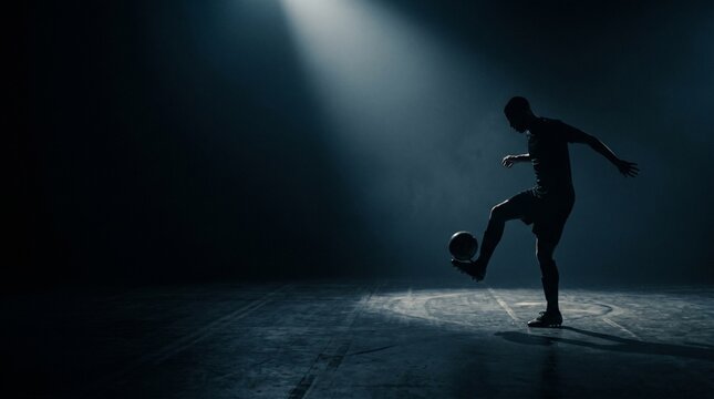Silhouette of a soccer player performing a trick with a ball under dramatic spotlight