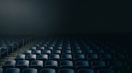 Naklejka premium Empty stadium seats in dark moody lighting with fog and stairs