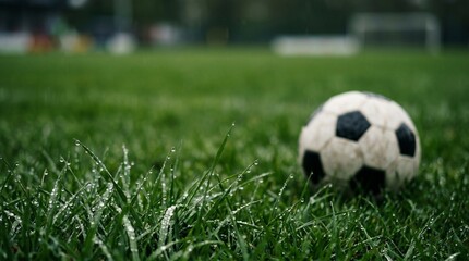 Fototapeta premium Soccer ball on wet grass field with raindrops in the background