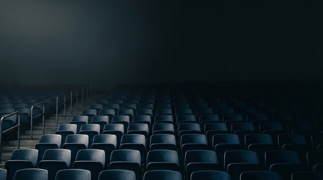Empty stadium seats in dark moody lighting with fog and stairs