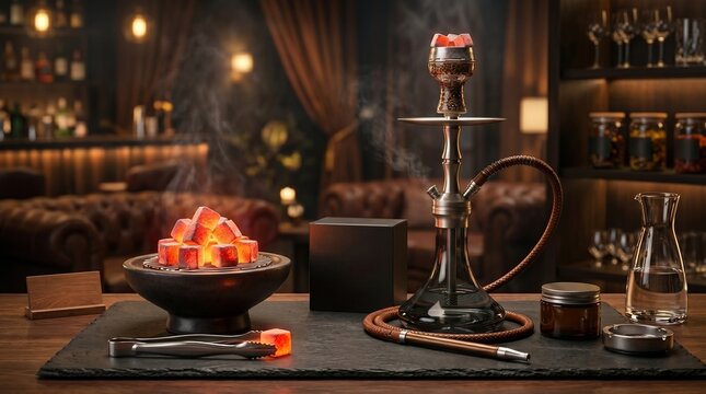 Elegant hookah lounge setup with a smoking shisha pipe, glowing charcoal cubes, and tongs in a cozy, dimly lit bar with leather sofas and shelves.