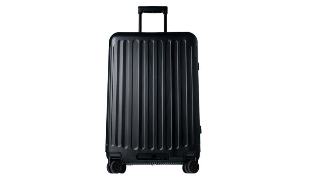 Isolated black modern hard-shell carry-on suitcase with retractable handle for travel adventures