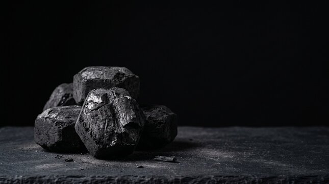A pile of black charcoal chunks rests on a dark slate surface under dramatic side lighting against a black background.