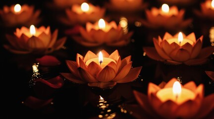 Obraz premium Orange lotus flower candles float on dark water. Petals drift nearby, reflecting warm candlelight. Peaceful, spiritual scene suggests calm and tradition.