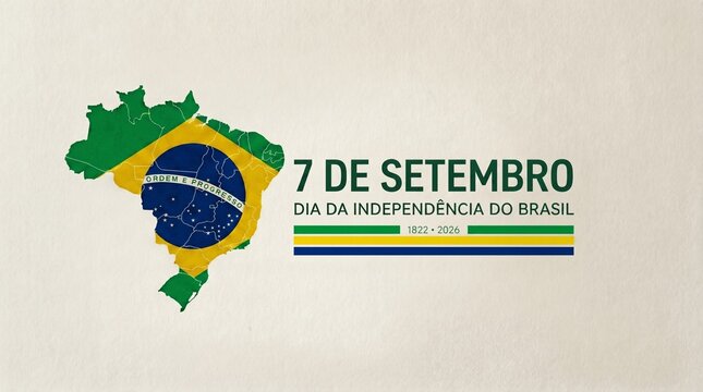 Mapa do Brasil com as cores da bandeira nacional e o texto &ldquo;7 de Setembro &ndash; Dia da Independ&ecirc;ncia do Brasil&rdquo; ao centro, destacando patriotismo e identidade brasileira.