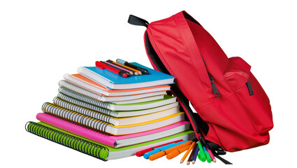 Isolated red backpack with a tall stack of colorful spiral notebooks and school supplies © Vincent