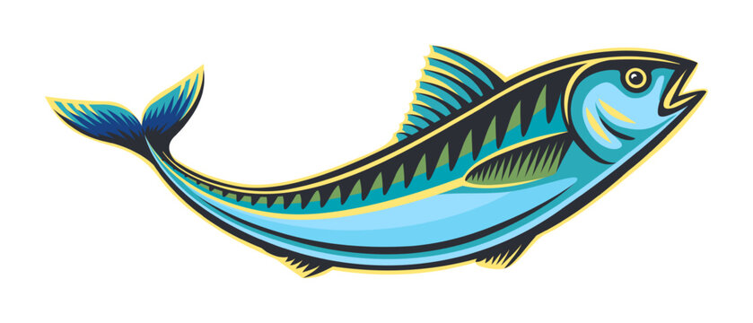 Atlantic Mackerel fish with stripes and aquatic features. Simple clipart for seafood packaging design. Vector illustration isolated on white background