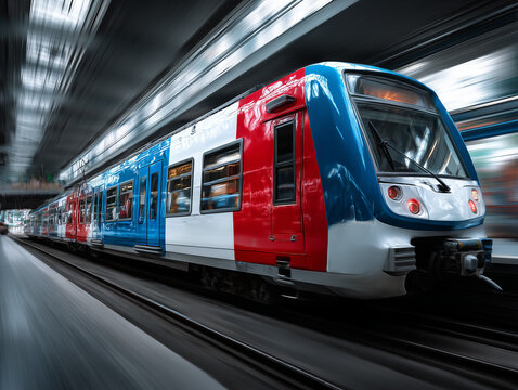 French rer train moving quickly in paris station