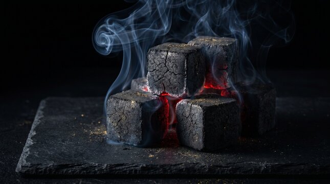 Glowing cubes of black charcoal stacked on a dark slate surface with wisps of blue smoke rising against a solid black background.