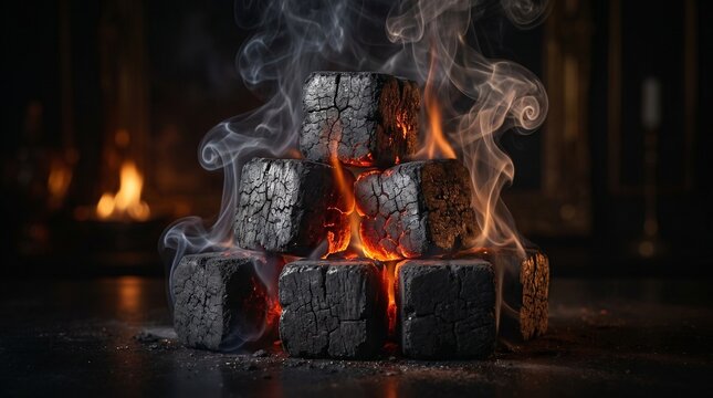 Close-up of glowing charcoal briquettes stacked in a pyramid, emitting heat and smoke in a dark setting.