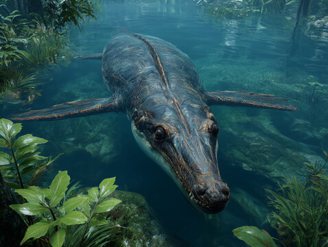 Pliosaur ancient marine reptile swimming in clear prehistoric water