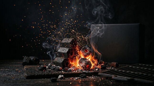 Burning charcoal briquettes emit glowing embers and swirling smoke on a wooden surface against a dark, moody background.