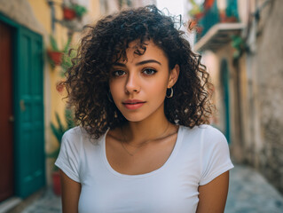 Fototapeta premium Young woman with curly hair standing on street