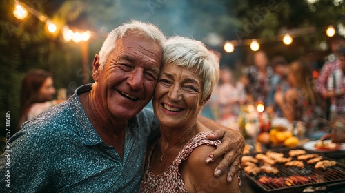 Reference: A happy senior couple enjoying a barbecue with friends and family in a warm outdoor setting
