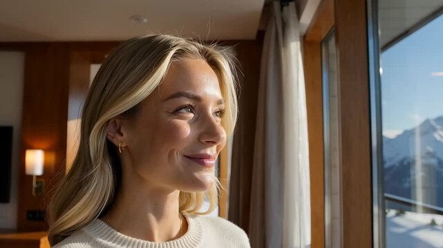 Contemplative woman admiring snowy mountain landscape from window
