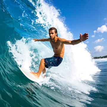 Young man surfing on ocean waves.