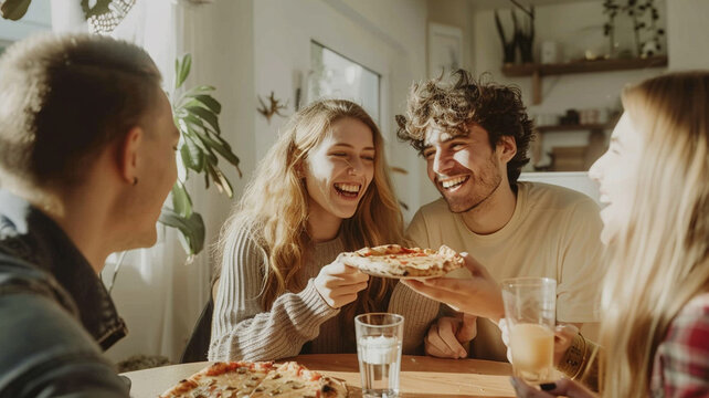 Friends eating pizza together at home and having fun during casual gathering