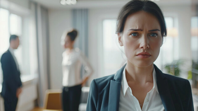 Workplace jealousy and unfair promotion concept with frustrated businesswoman in office, envy and comparison at work