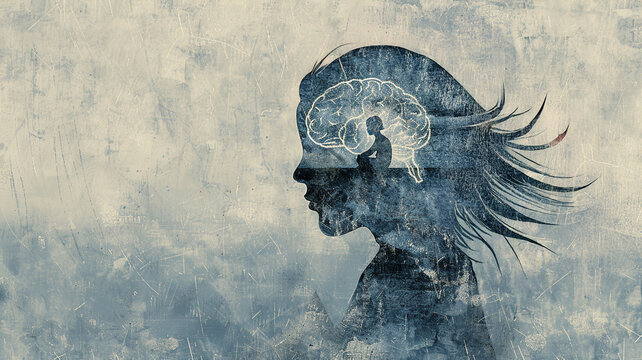 Inner child psychology concept illustration with child inside adult woman head silhouette