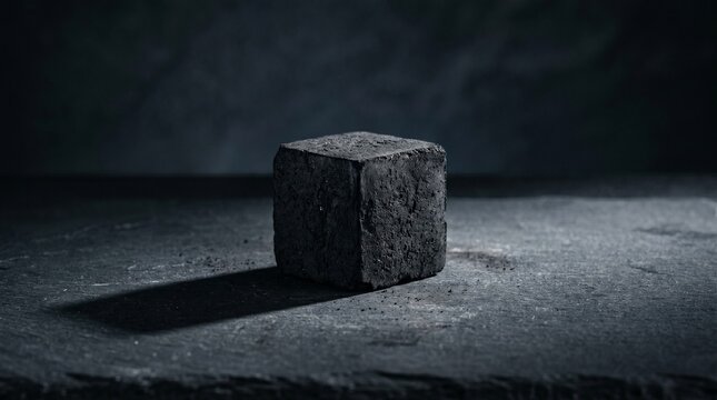 A single black charcoal cube sits on a dark textured surface, illuminated by a harsh side light creating a long shadow against a moody backdrop.