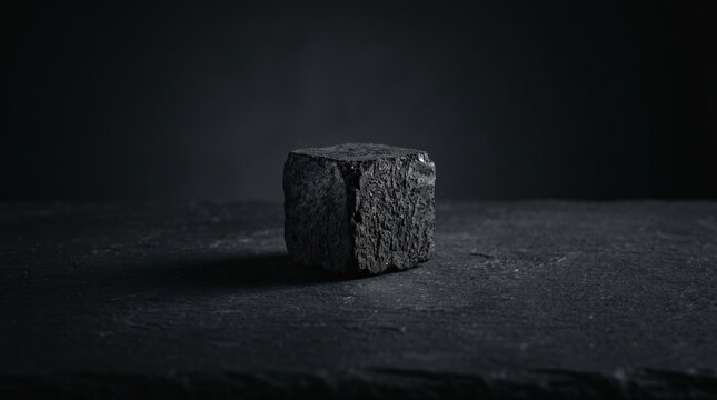 A single, textured cube of charcoal sits on a dark slate surface under dramatic, low-key lighting against a black background.