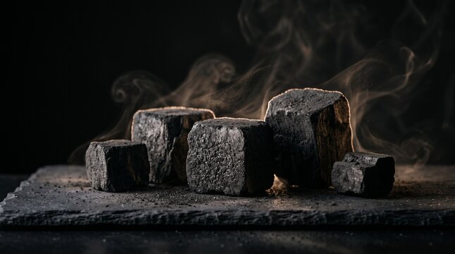 Dramatic cubical charcoal blocks resting on a dark slate surface with wisps of smoke rising against a moody black background.