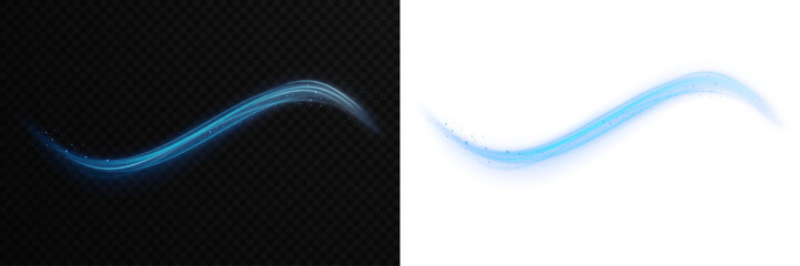 Glow, shimmer, sparkle, and magic twist in a soft blue swirling light waves. Abstract neon motion line trail and cosmic energy loop overlay PNG image isolated on transparent background. © Даниил Москаленко