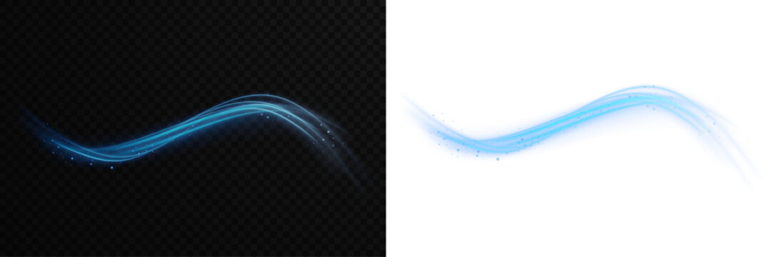 Blue light swirl arc with sparkles and glowing effects. Abstract neon speed lines on black. Magic twisting wave overlay element isolated PNG image on transparent background for design.