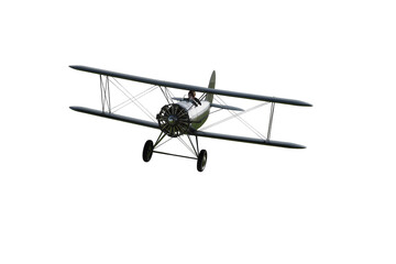 Isolated classic vintage biplane flying with pilot, historical propeller aircraft in motion © Lucas
