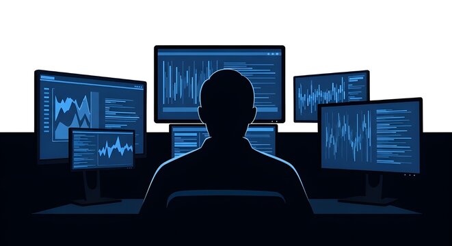 Programmer working late at night in dark office with multiple computer screens displaying code and data