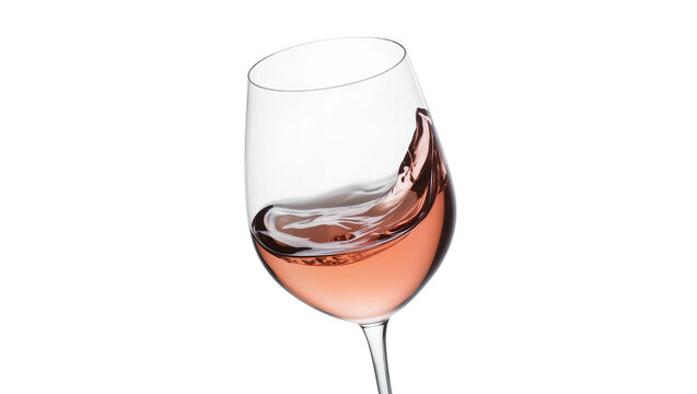 Isolated classic wine glass with refreshing ros&eacute; wine splashing and swirling elegantly