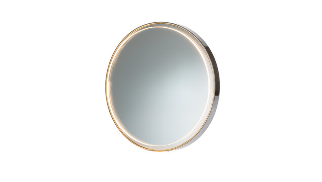 Isolated modern round mirror with glowing LED light and elegant gold frame design