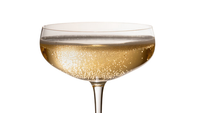 Isolated champagne glass with golden sparkling wine and rising bubbles, celebration drink