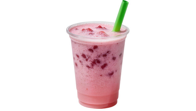 Isolated refreshing strawberry fruit smoothie in clear plastic cup with vibrant green straw