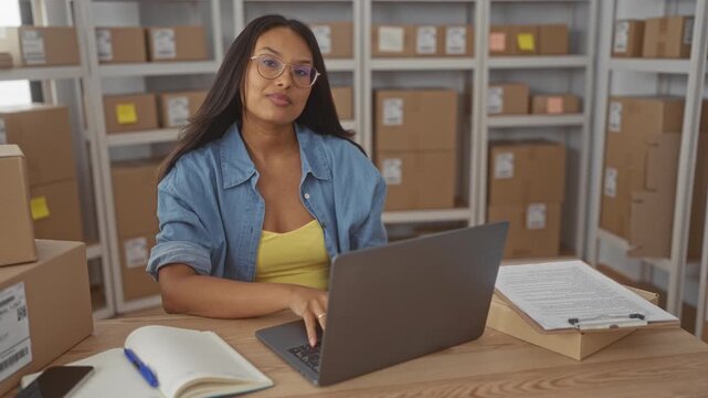 Woman at laptop with arms crossed and smiling, surrounded by stacked cardboard boxes, clipboard and notebook on desk in building storage; confident entrepreneurship.