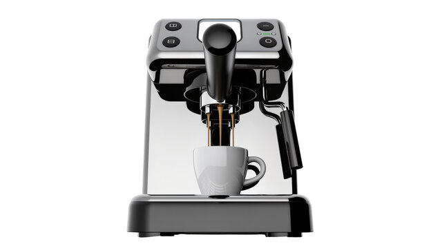 Isolated modern espresso coffee machine brewing fresh aromatic beverage into a small ceramic cup