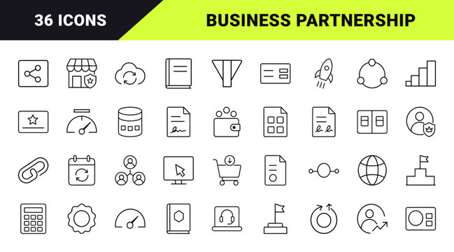 Reseller program line icon set. Vector pictograms of partnership, commission, marketing, and revenue elements, thin linear illustration.