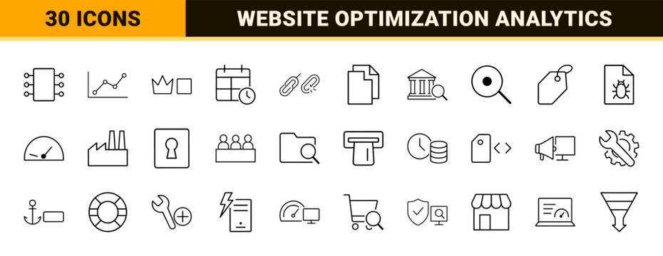 Search engine optimization line icon set. Vector pictograms of web analytics, digital marketing, website optimization, and data indexing elements, thin linear illustration.